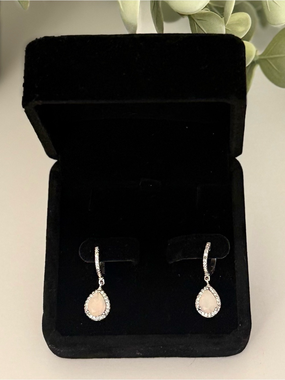 Genuine 1.49 CTW Ethiopian Opal Pear Halo Huggie Drop Earrings Rhodium 925